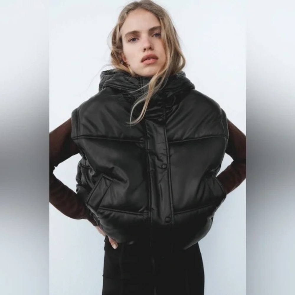 Zara Black Quilted Faux-Leather Puffer Vest